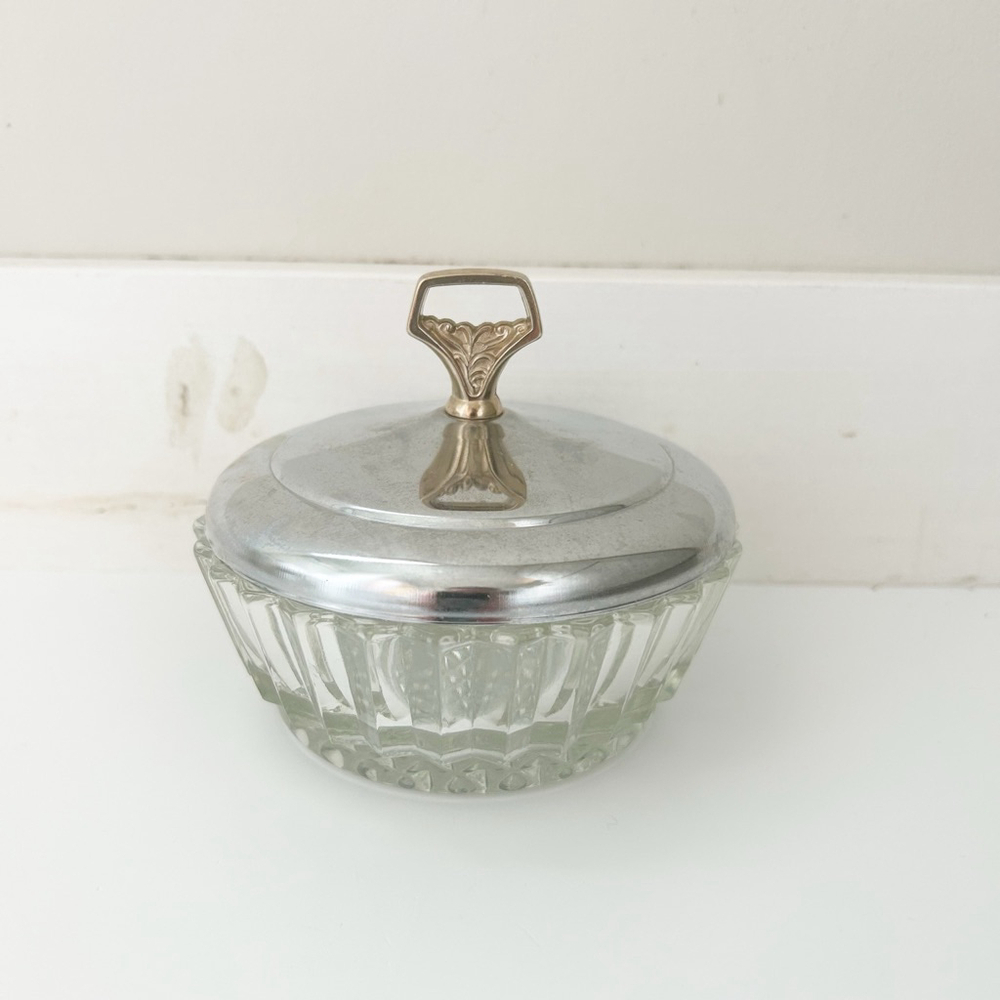 Vintage Mid-Century Modern Clear Glass Candy/Storage Dish with Silver Lid 1970’s